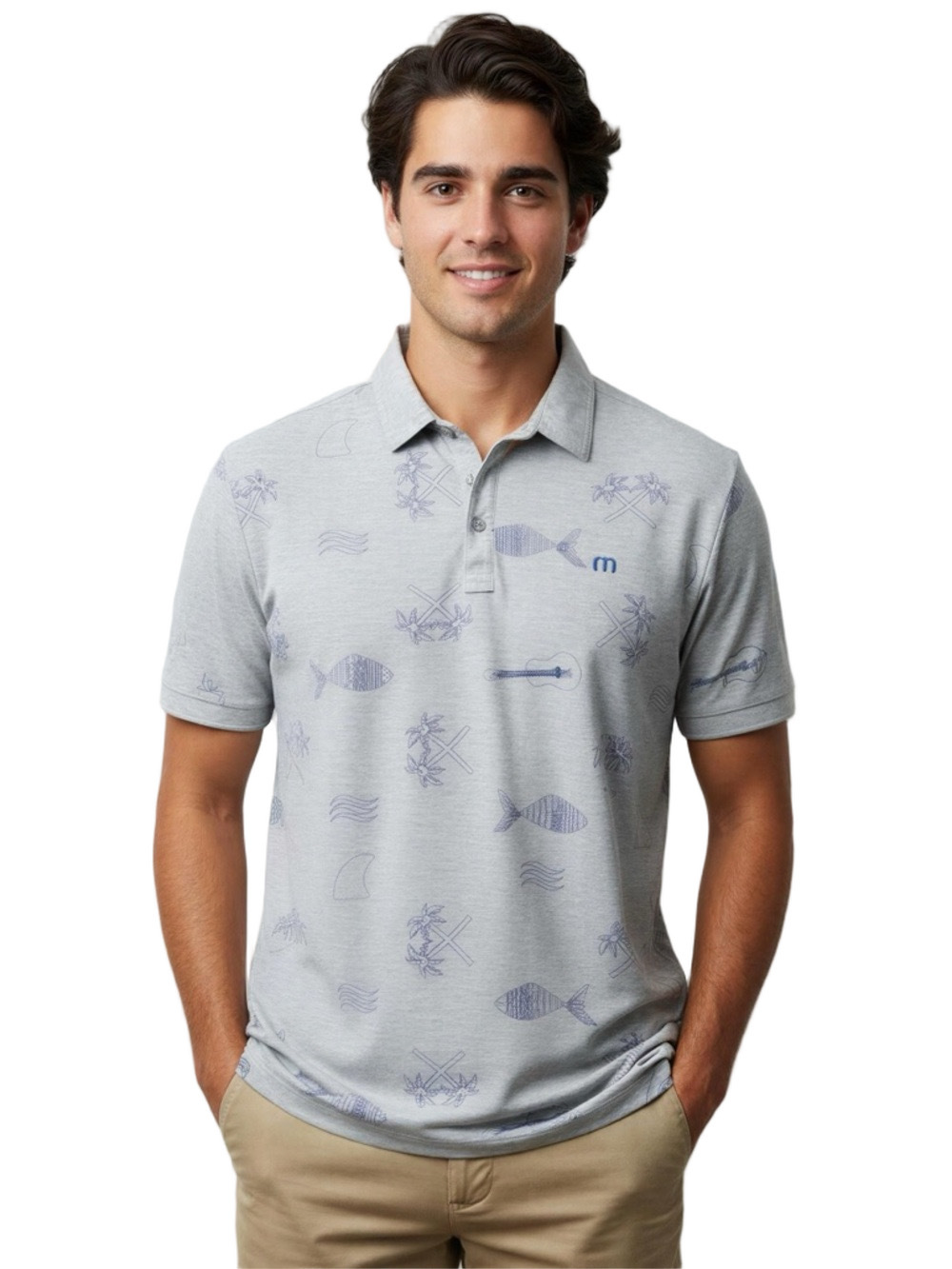 Travis Mathew Punta Mita Light Gray Tropical Print Golf Polo Shirt Size XL
